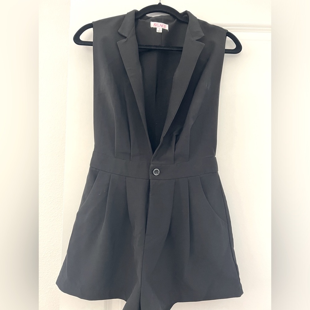 Size small black romper with open top and collar - button detailing at waist